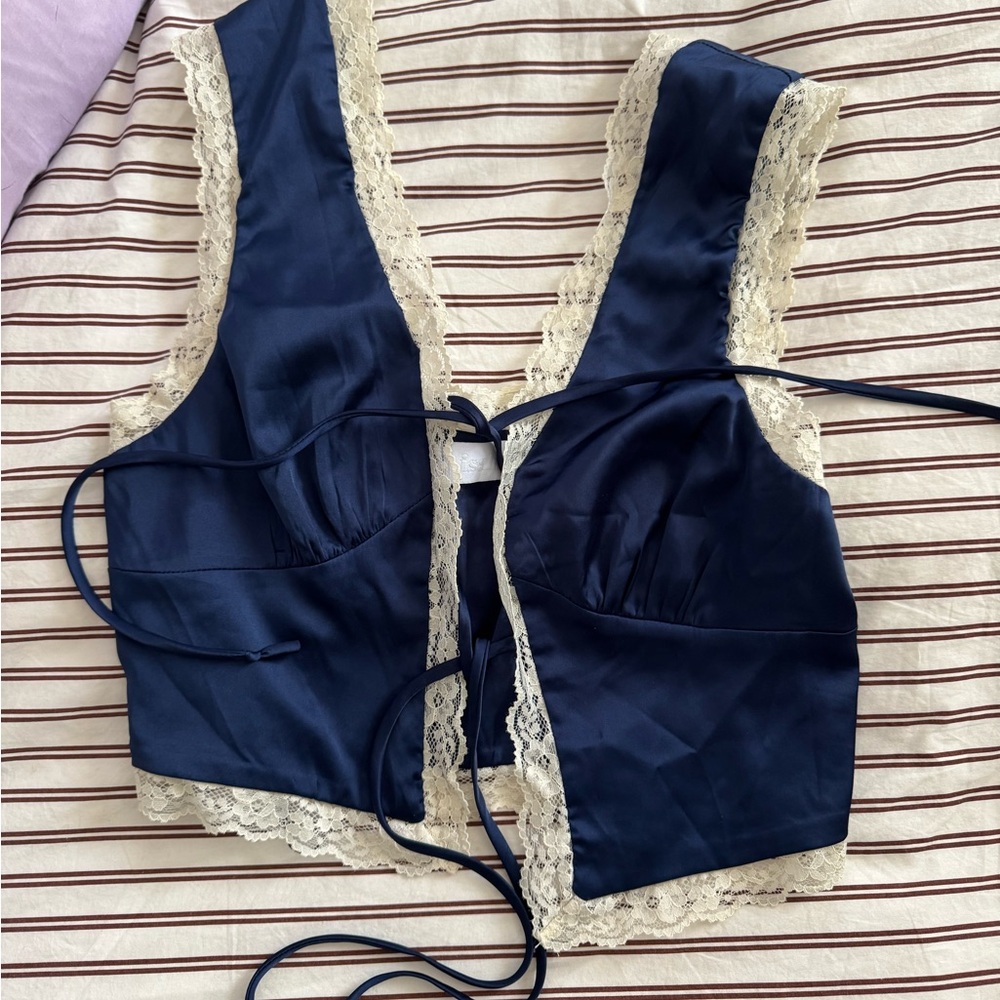Navy Lace Trimmed Vest Tank Top